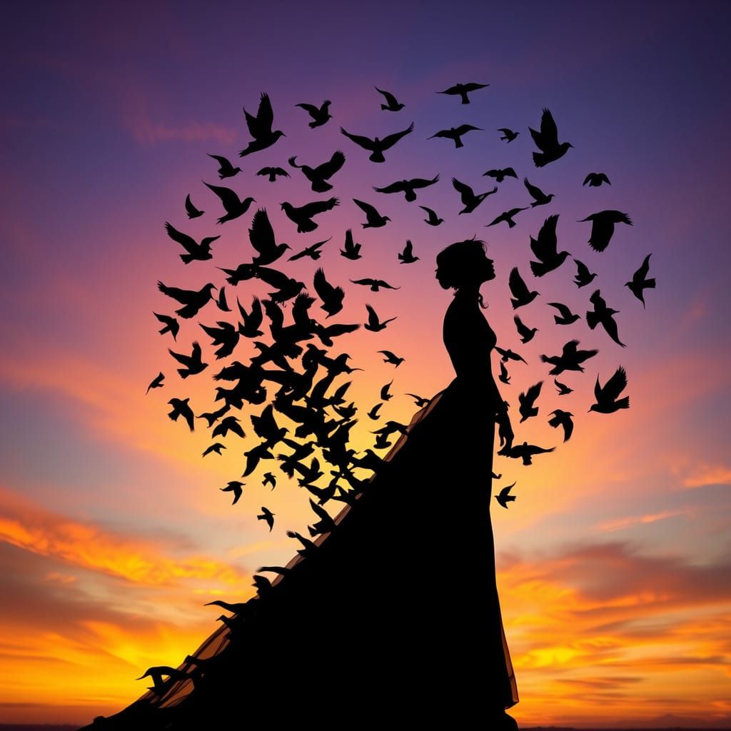 Ultra-detailed silhouette art: elegant human figure seamlessly dissolving into scattered birds, masterfully ...  by @DumberDoo
