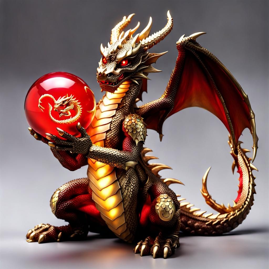 Gold dragon holding a glowing red orb in two paws