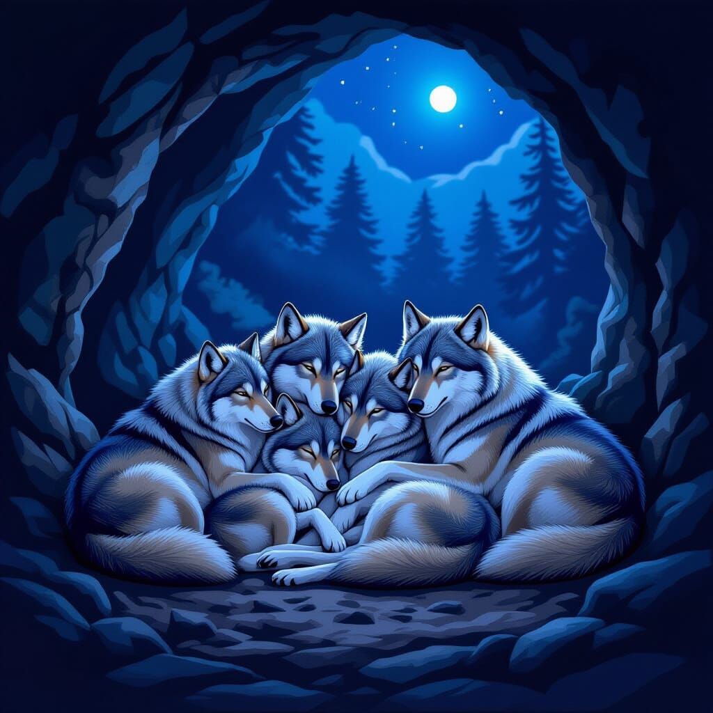 a pack of wolfs in a cave cuddled up next to each other at night 