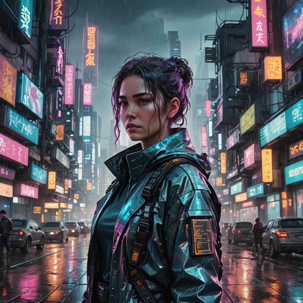 Medium shot of a female sci-fi protagonist in a cyberpunk ci...
