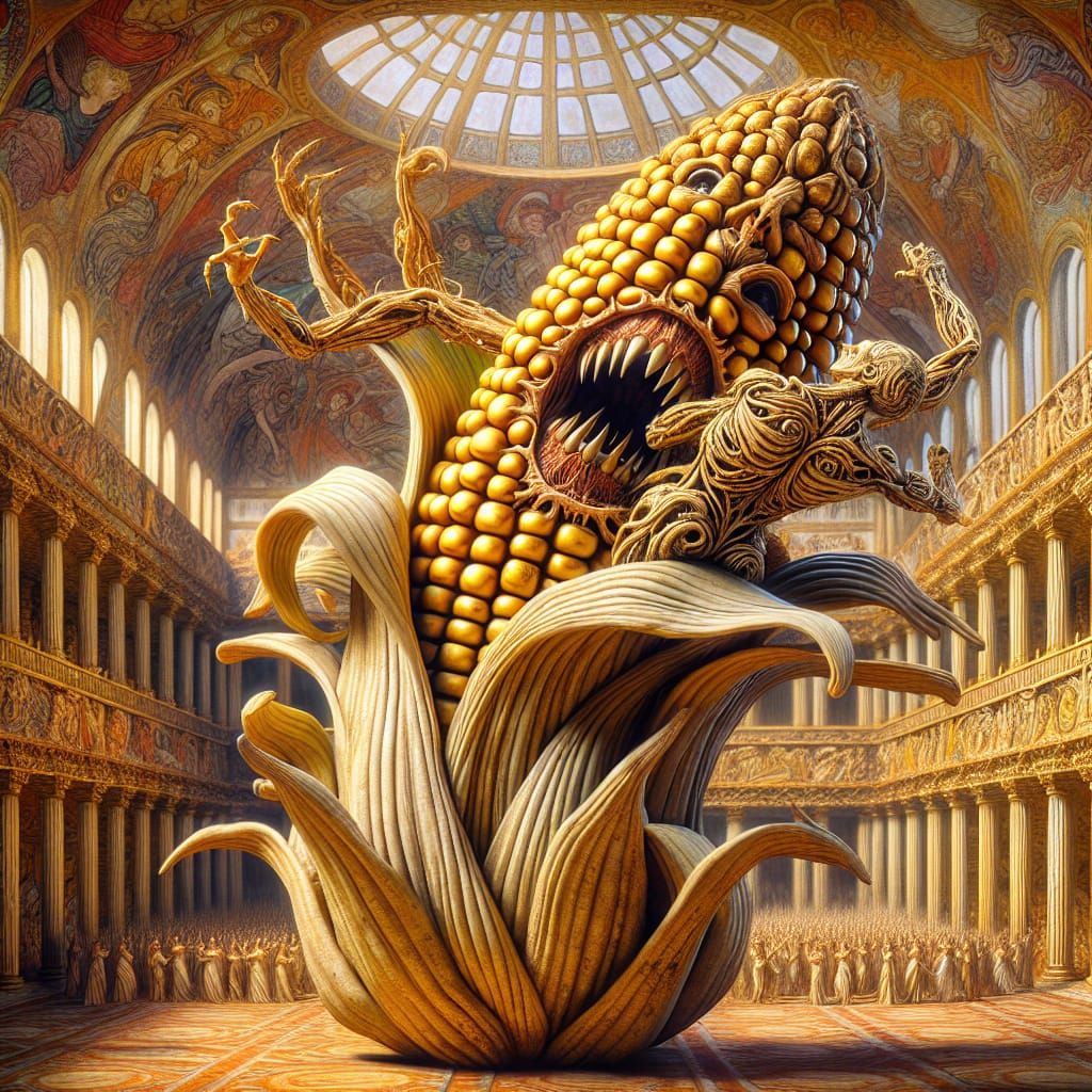 An anthropomorphic Corncob God Dirty Dancing with a Creature...