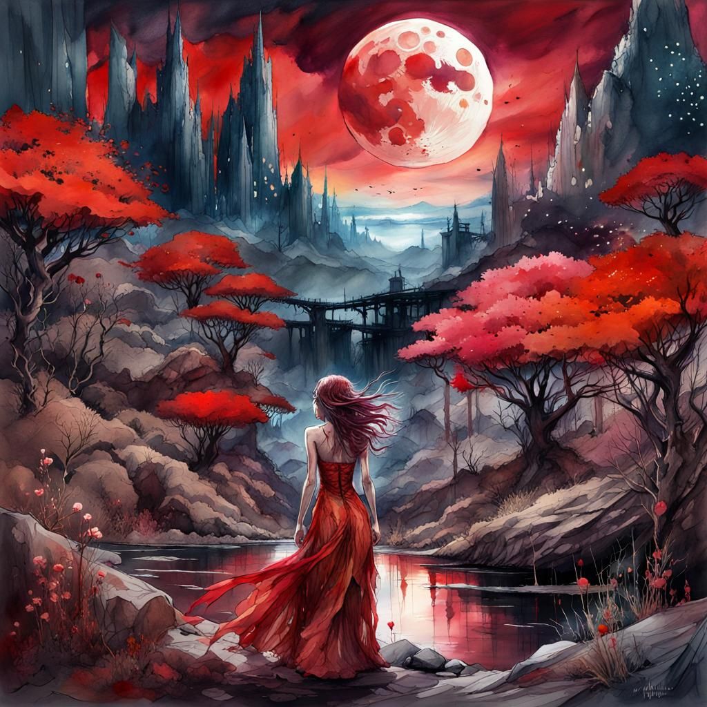 Disturbing bloodmoon landscape. Digital watercolor Illustration, Waterhouse, Carne Griffiths, Minjae ...  by @David Cameron Law
