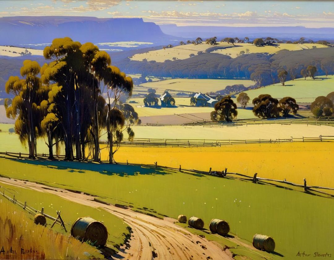 Golden Hour, Heidelberg School, rural landscape near Melbourne AI