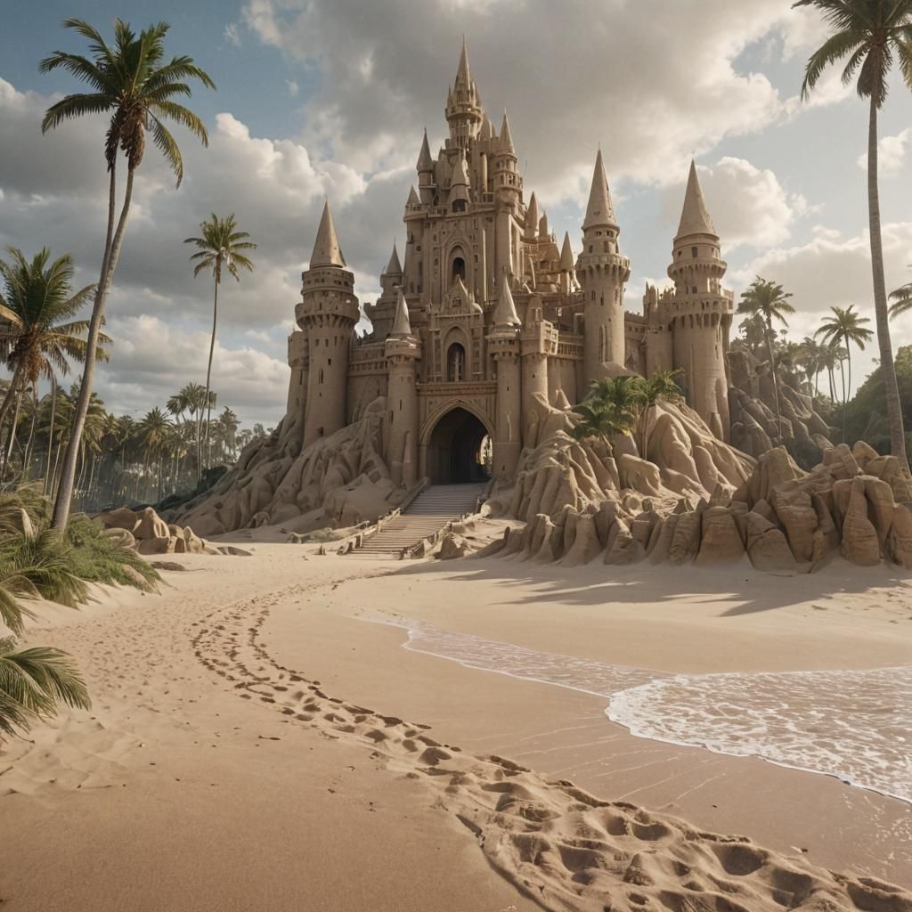 A gigantic sandcastle with towering spires, waterfalls made of sand, and a wide sandy bridge leading ...  by @Eridani