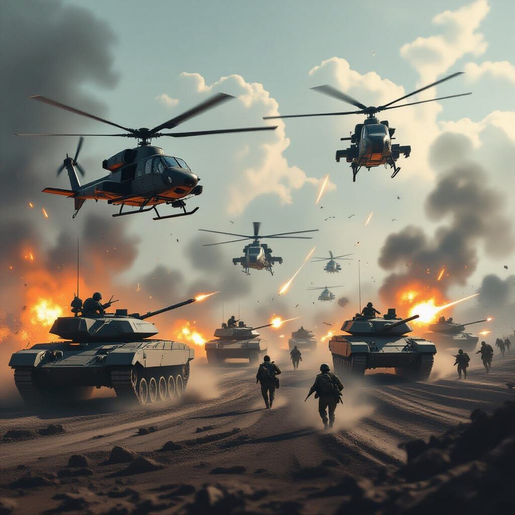 Fierce Battlefield with Helicopters, Tanks, and Soldiers