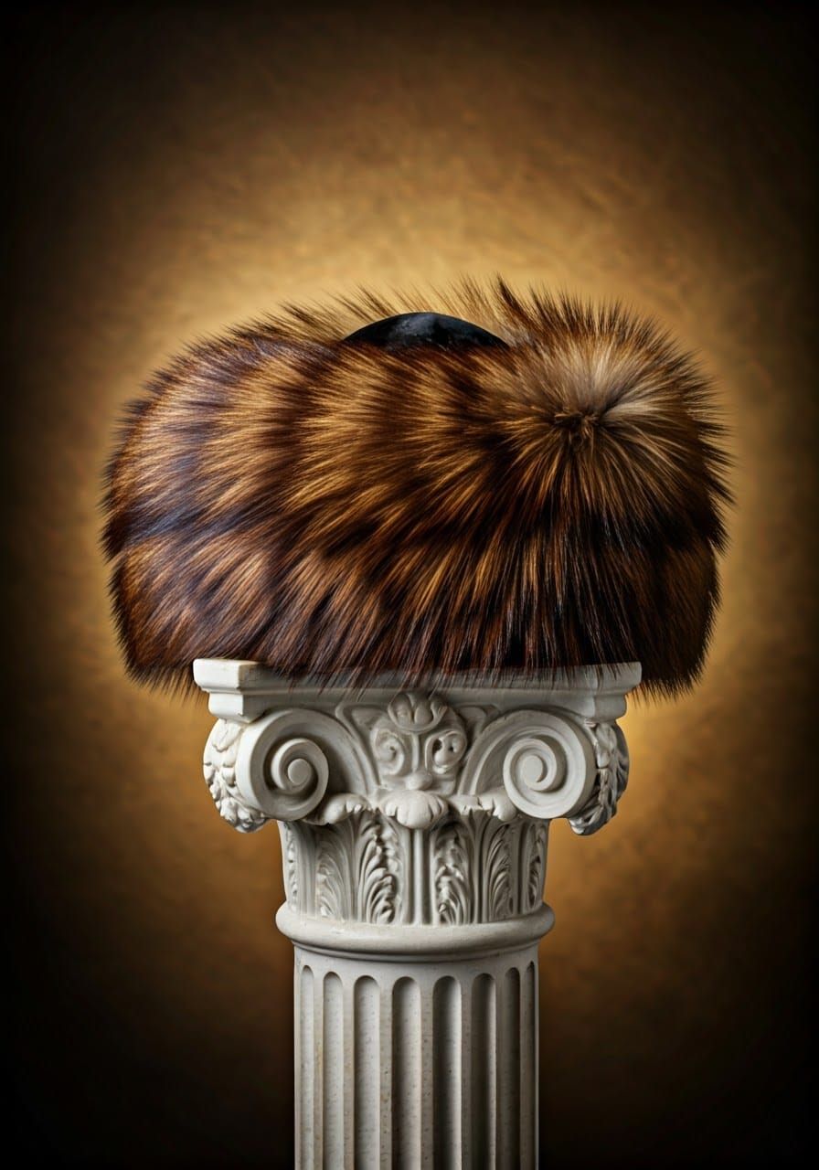 Majestic Dark Brown Shtreimel atop Ornate Baroque Marble Col...