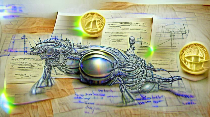 alien secret technology blueprint; fine line pencil sketch; ...