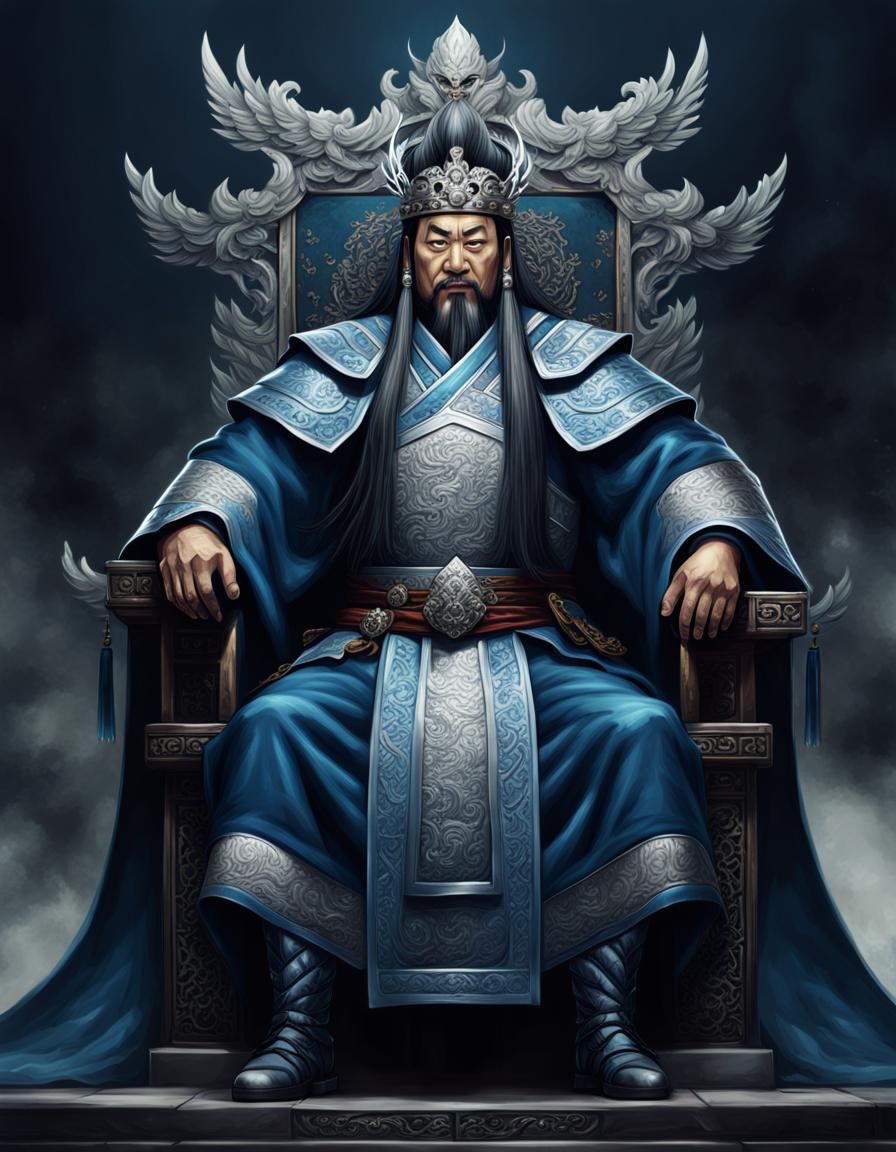 A full body shot of a strong dangerous Three Kingdoms smiling Chinese warlord Emperor with long hair ...  by @Charlequin