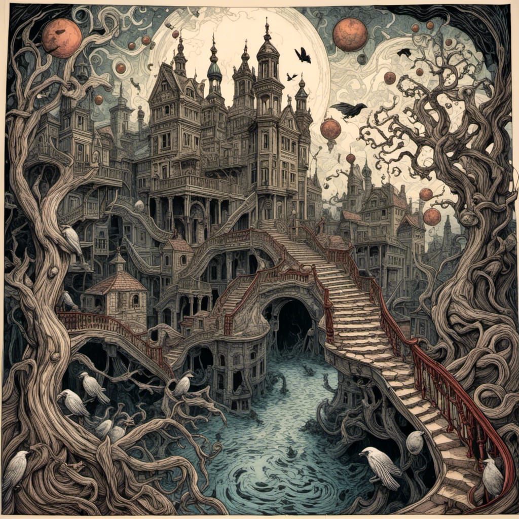 Water colored Nightmare RAVENS Horror Ink Artscape inspired by a mix of MC Escher and Edgar Allen Poe, hyperdetailed. <lora:Eschers Poe:1.0>...