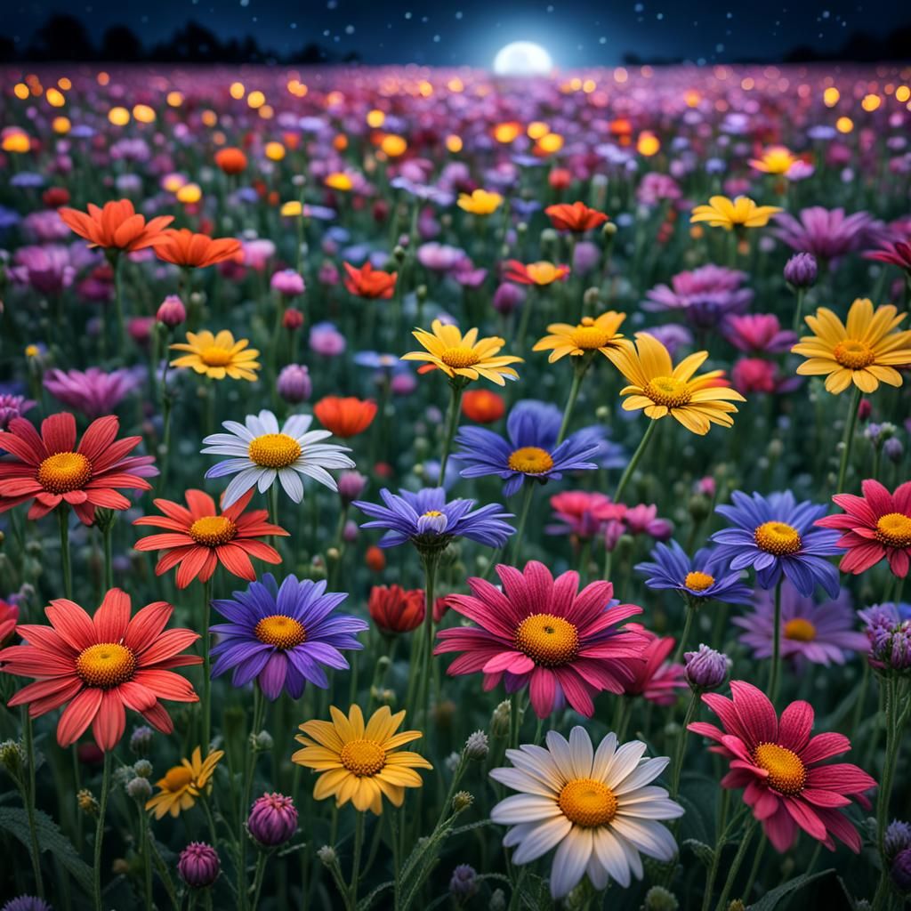 A very colorful diverse flower field at night during the full moon. Freshly rained on with visible dew. ...  by @7starDud3