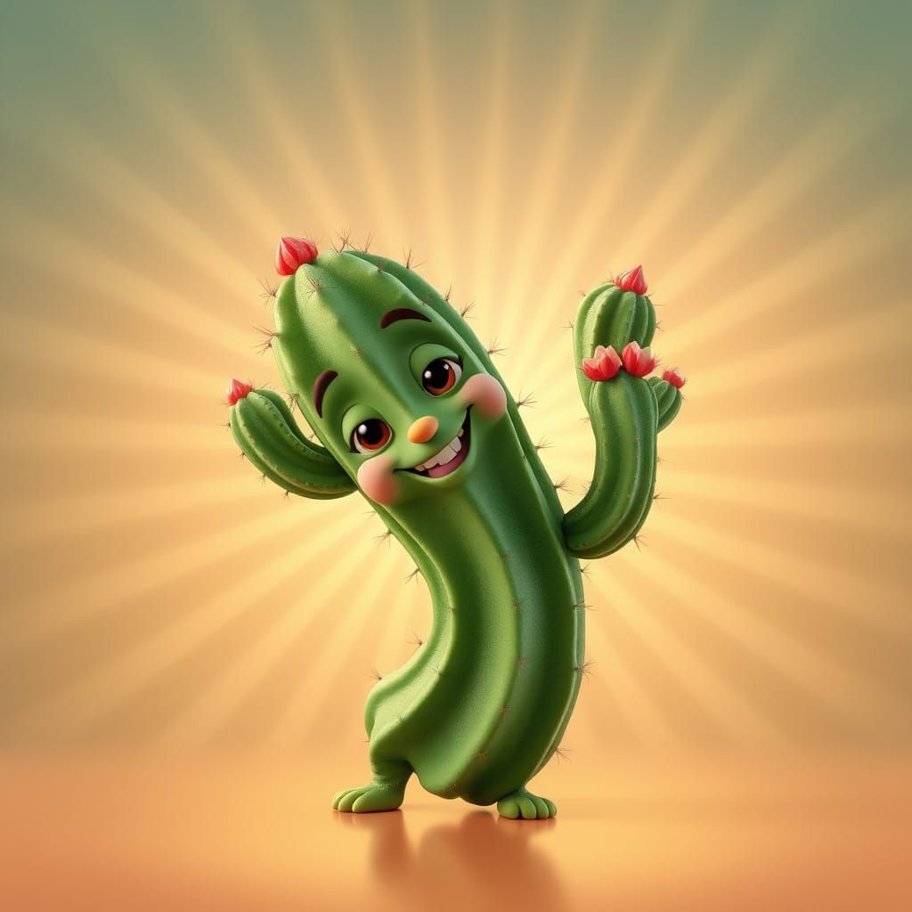 Whimsical Cactus Character in Radiant Desert Landscape