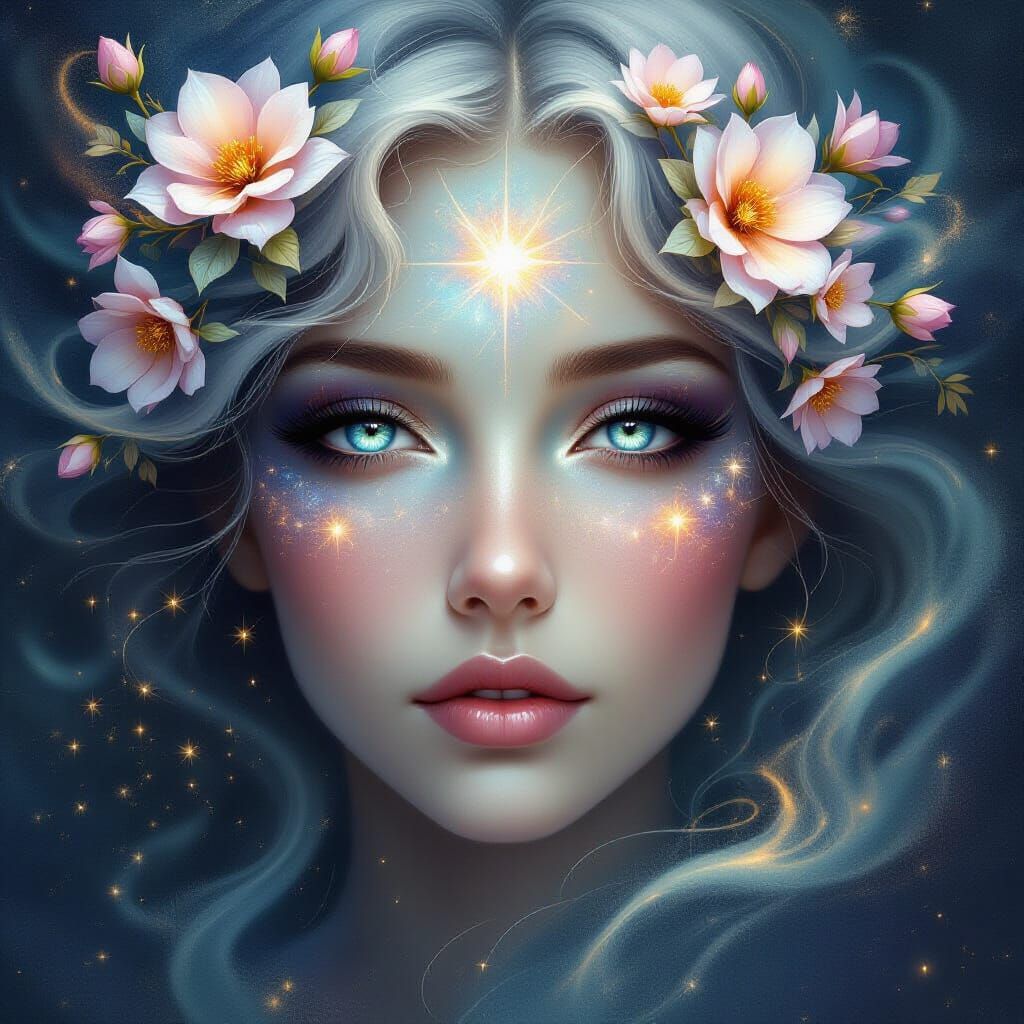 Ethereal face formed from swirling cosmic dust and starlight, with eyes that hold the wisdom of creation 