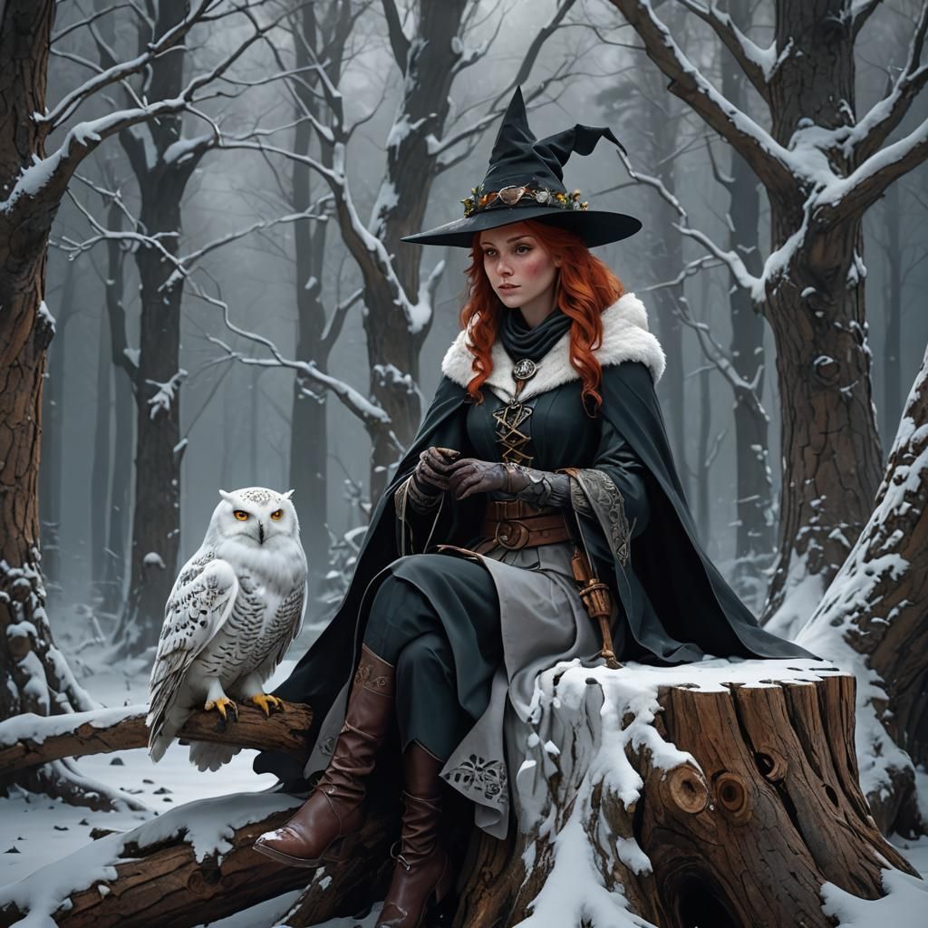 A beautiful redhead witch,  sits on a tree stump, with a sno...