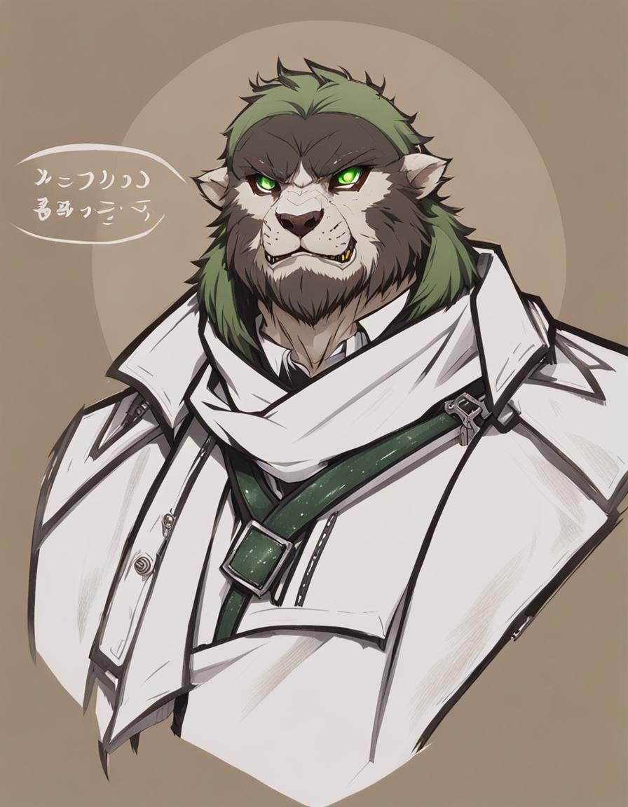 dnd male slim bugbear,short fur, green eyes, wearing arm and...