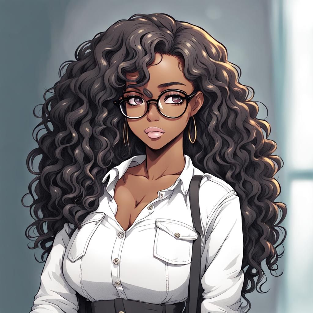 a cute manga black girl with glasses on her eyes with big br...