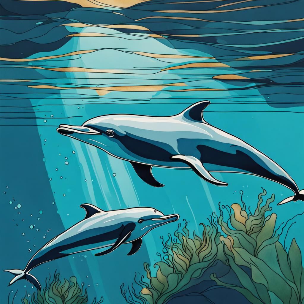 dolphins gliding through azure waters II