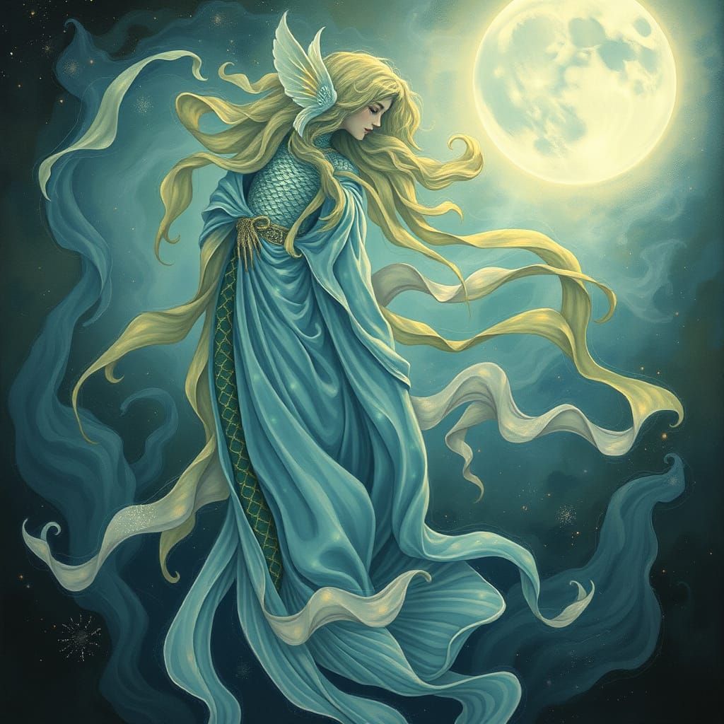 Surreal Mystic Pisces Goddess in Dreamy, Moonlit Waters