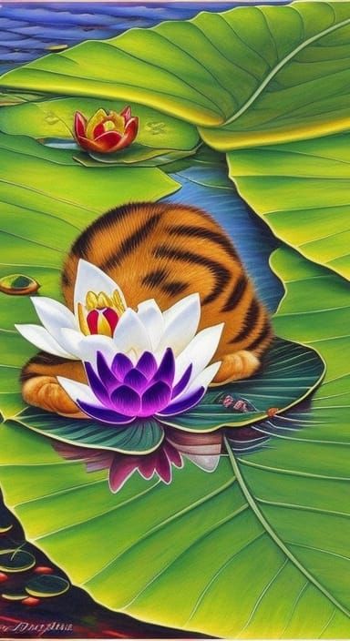 cute cat sleeping on lotus leaf floating on water, Lily Seik...