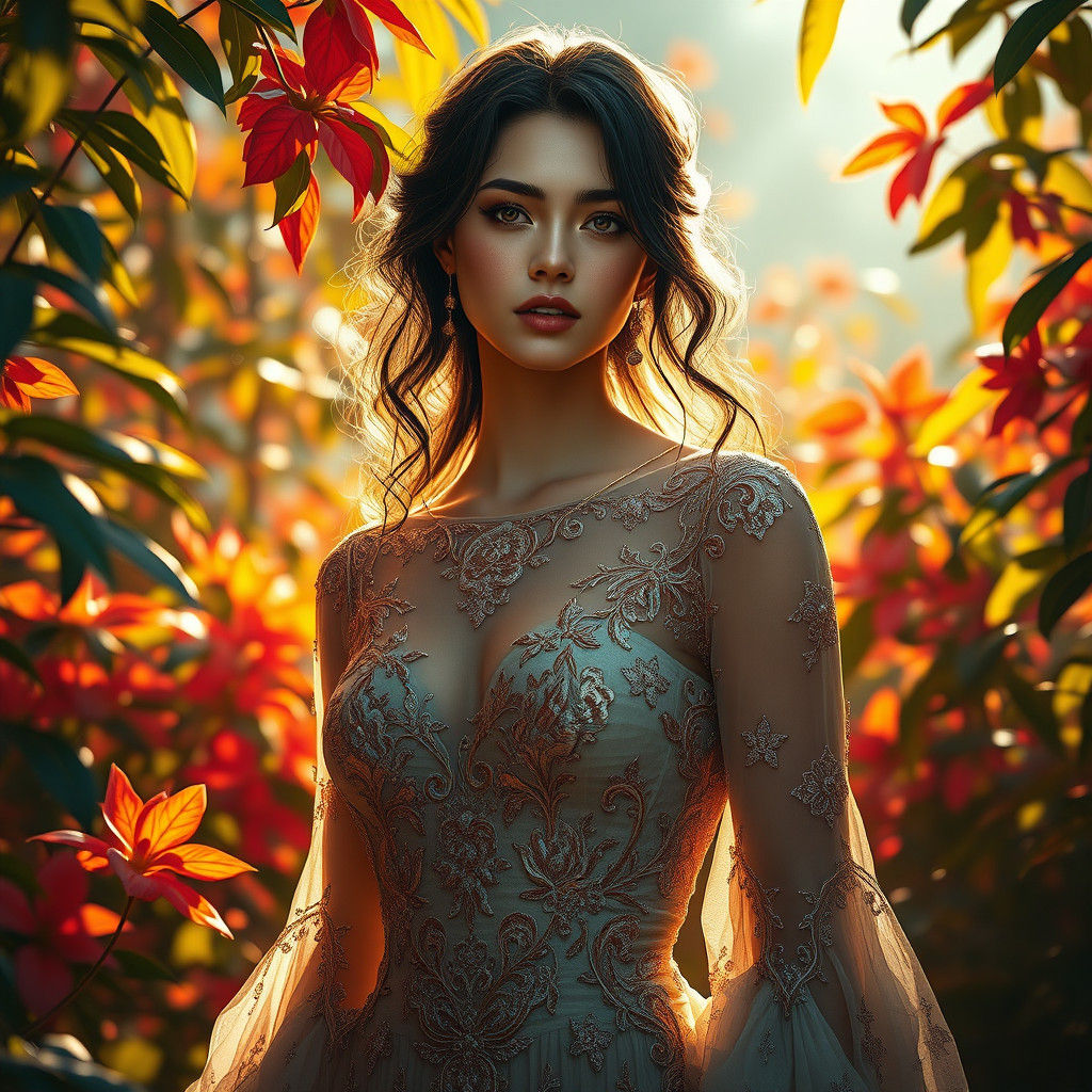 A stunning woman in an intricately embroidered gown stands a...