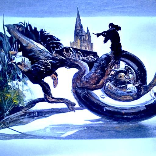 Harry Potter riding on a basilisk