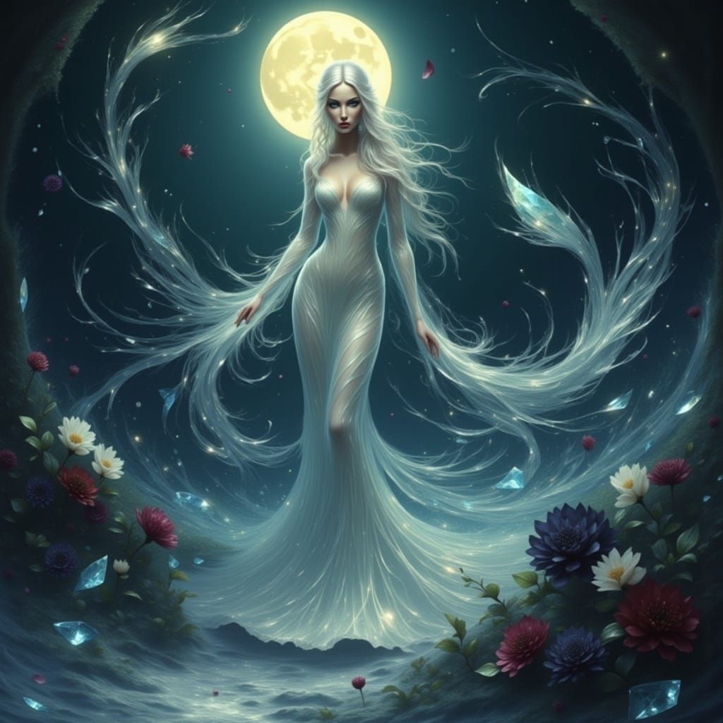 <lora:Broken Glass Flux:1.0> Ethereal, translucent ghost figure with only the dark glowing eyes visibles in the face, comprised of swirling...