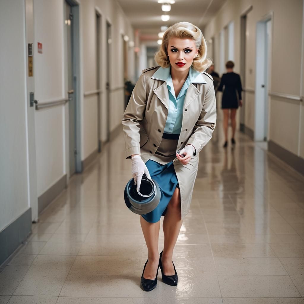 blonde cleaning lady with a model haircut, down on her knees...