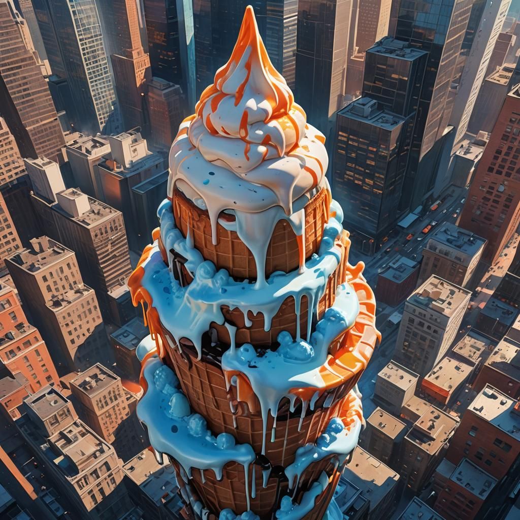 A giant ice cream cone melting down the side of a city skyscraper.  by @Babi Than