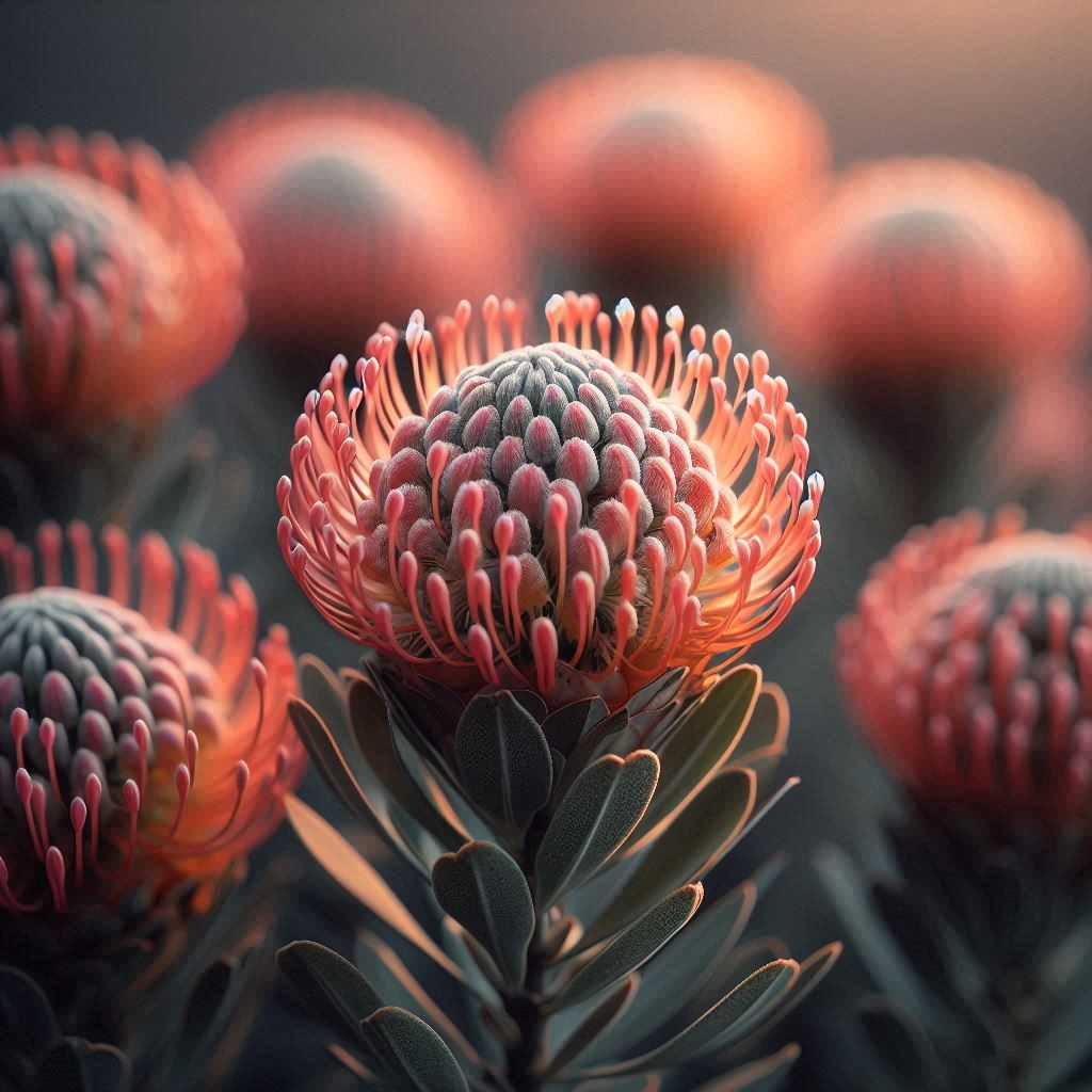 A cluster of Leucospermum flowers, also known as pincushion ...