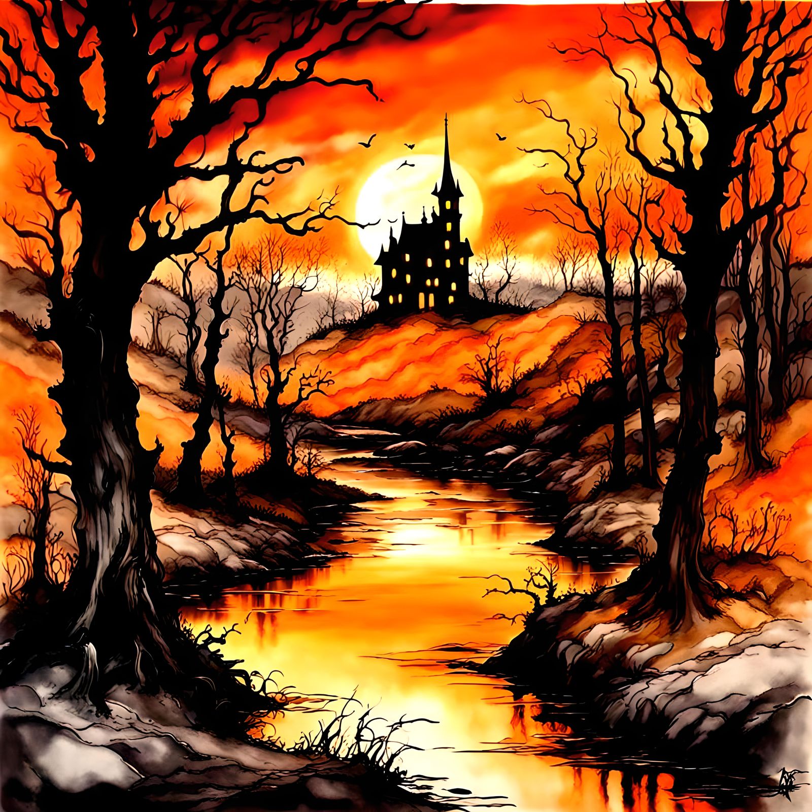 A beautiful spooky landscape scene, palette orange, black, d...