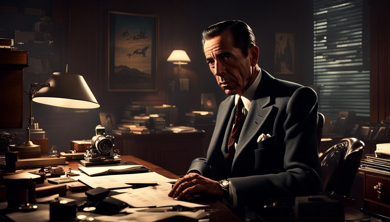 "Humphrey Bogart" as private detective "Philip Marlowe" as he appears in the film "The Big Sleep" sitting ...  by @undefined