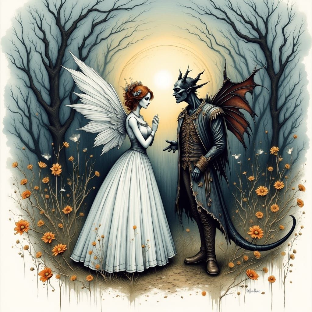 Angel vs Demon in Whimsical Hand-Drawn Illustration