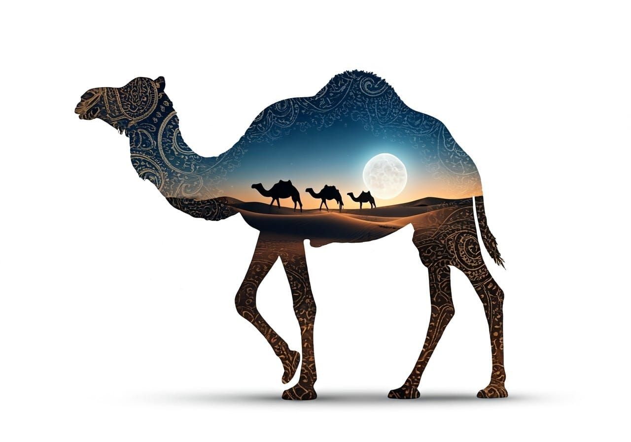 Surreal Double Exposure of a Camel in Arabian Desert at Nigh...