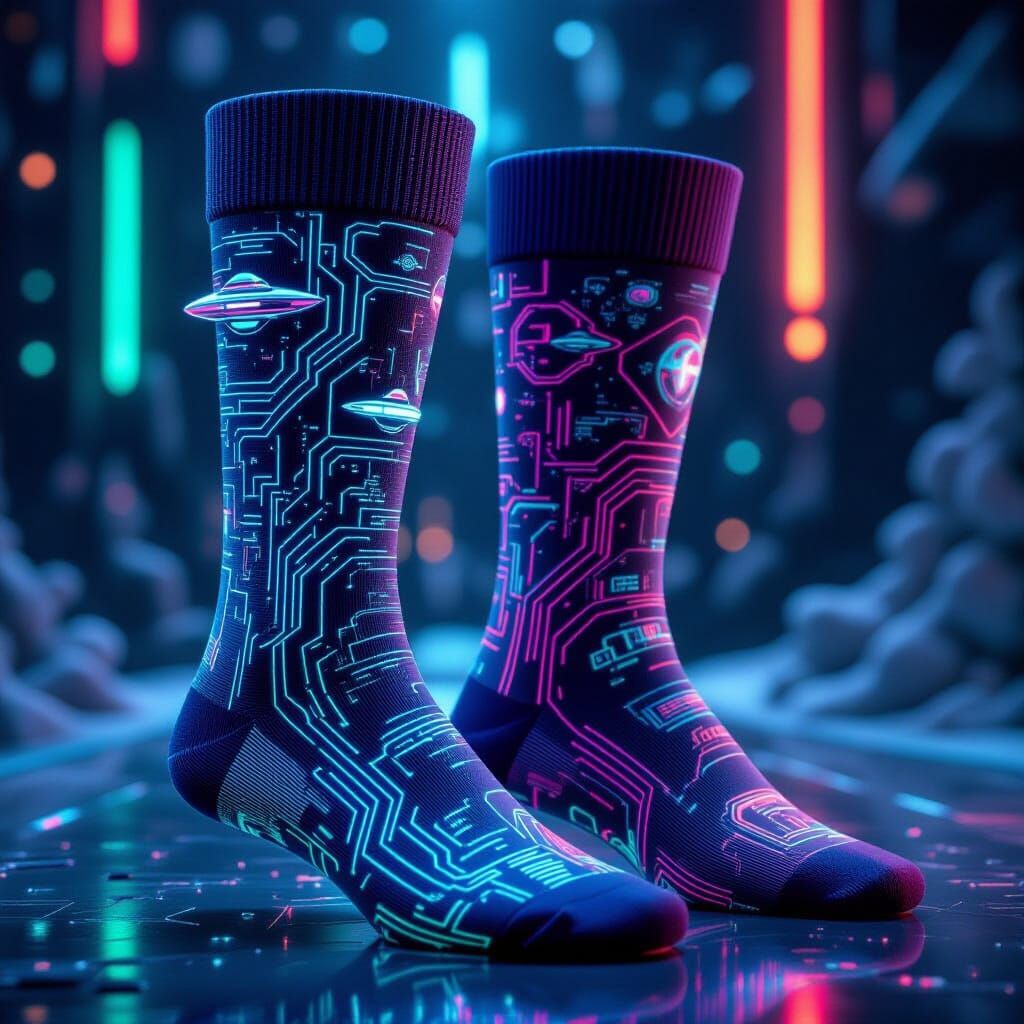 A pair of cozy, futuristic socks featuring intricate sci-fi patterns — glowing circuit lines, tiny spaceships, ...  by @Schoor