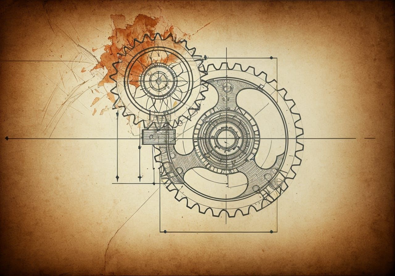 Blueprint Gear Drawing in Aged Poster Art Style