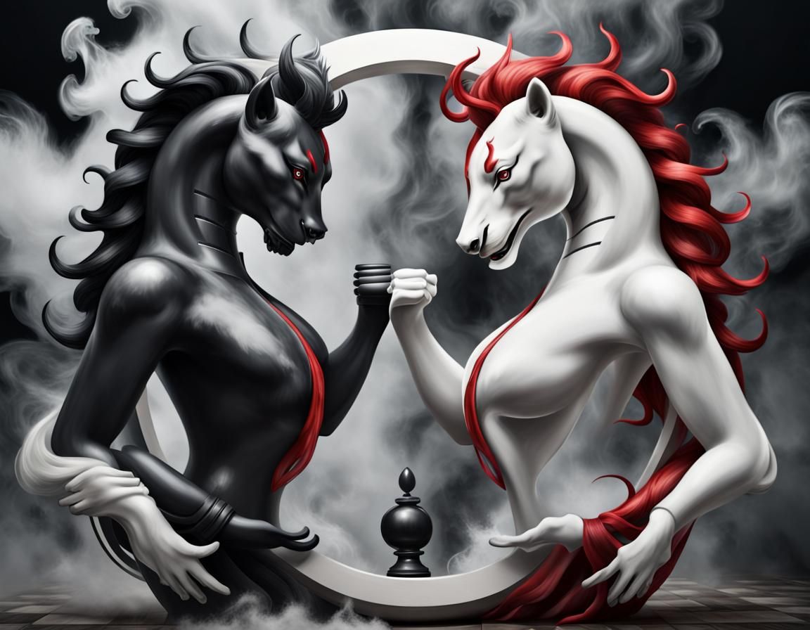 Chess black and white queen pieces, locked in raging battle,...