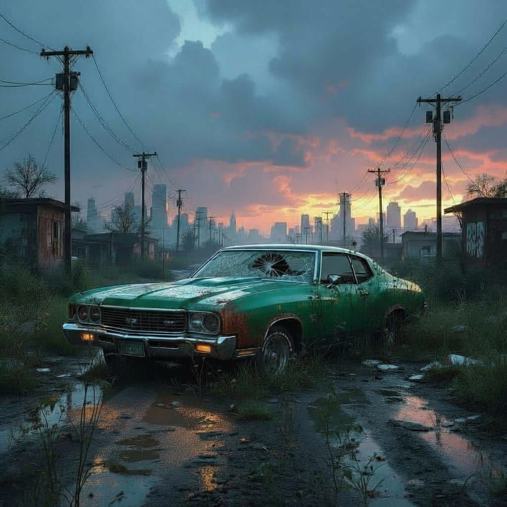 An abounded dystopian city with a rutted dirt road running through the center of the city. An abandoned rusted 1970 green chevy Monte Carlo ...