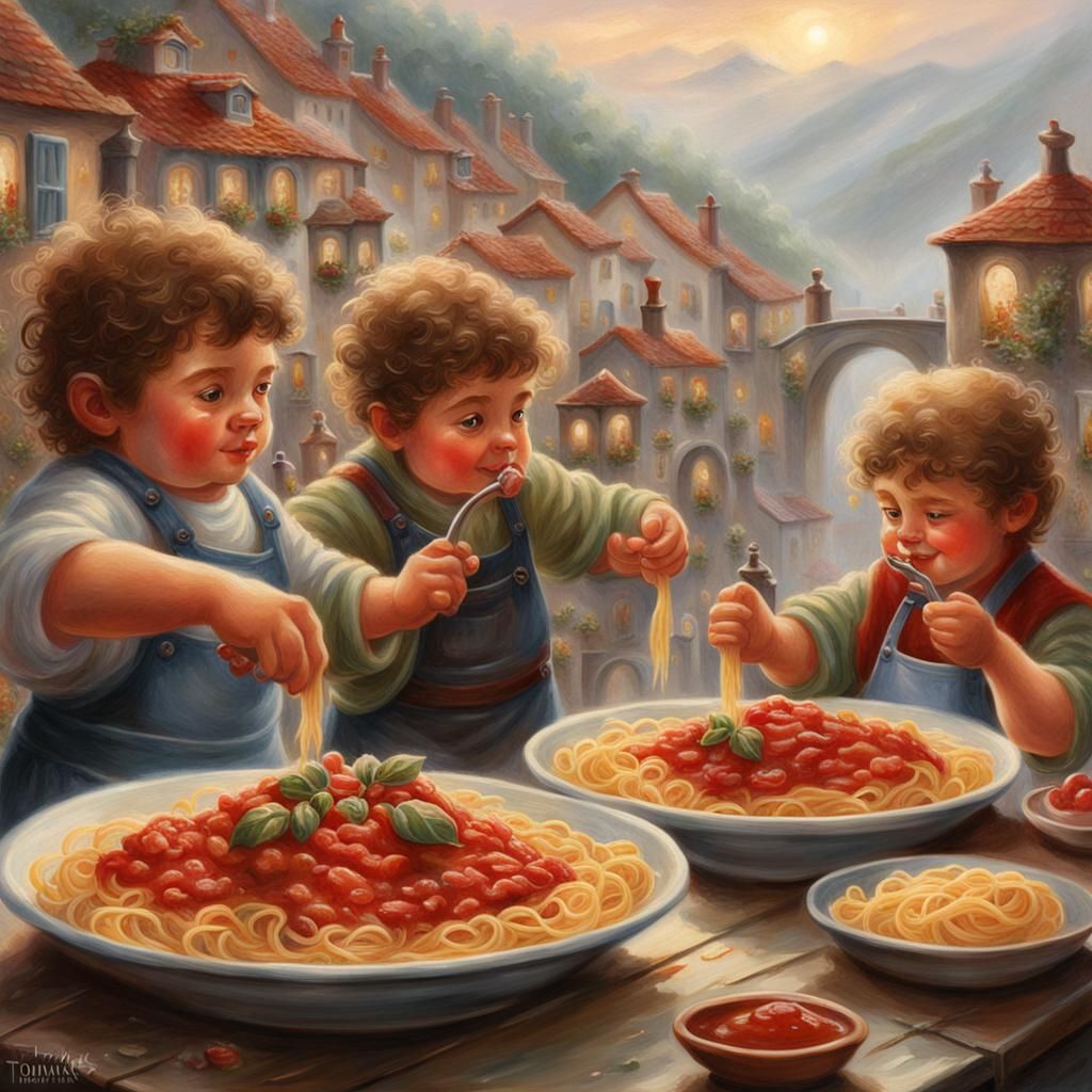 Close up of Halflings enjoying pasta with Marinara sauce in ...