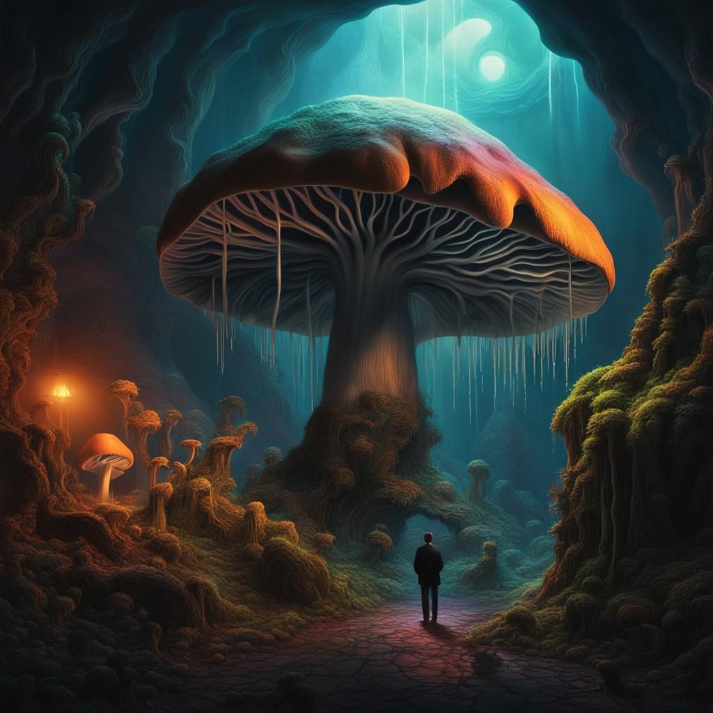 Surreal Mushroom Cave with Ghostly Figure