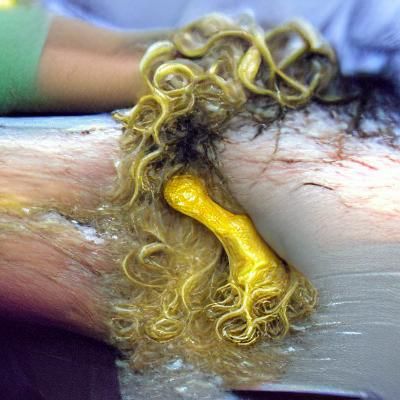 Tubular shaped curly hairs held together with yellowish waxy...