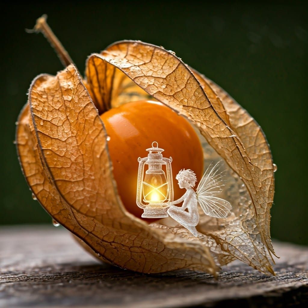 fantasy art sits a tiny fairy made of dew in physalis  by @Elly 
