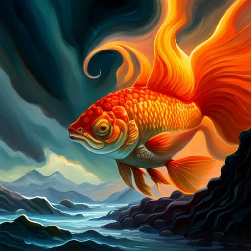 monstrous goldfish with hairy tentacles dives into molten la...