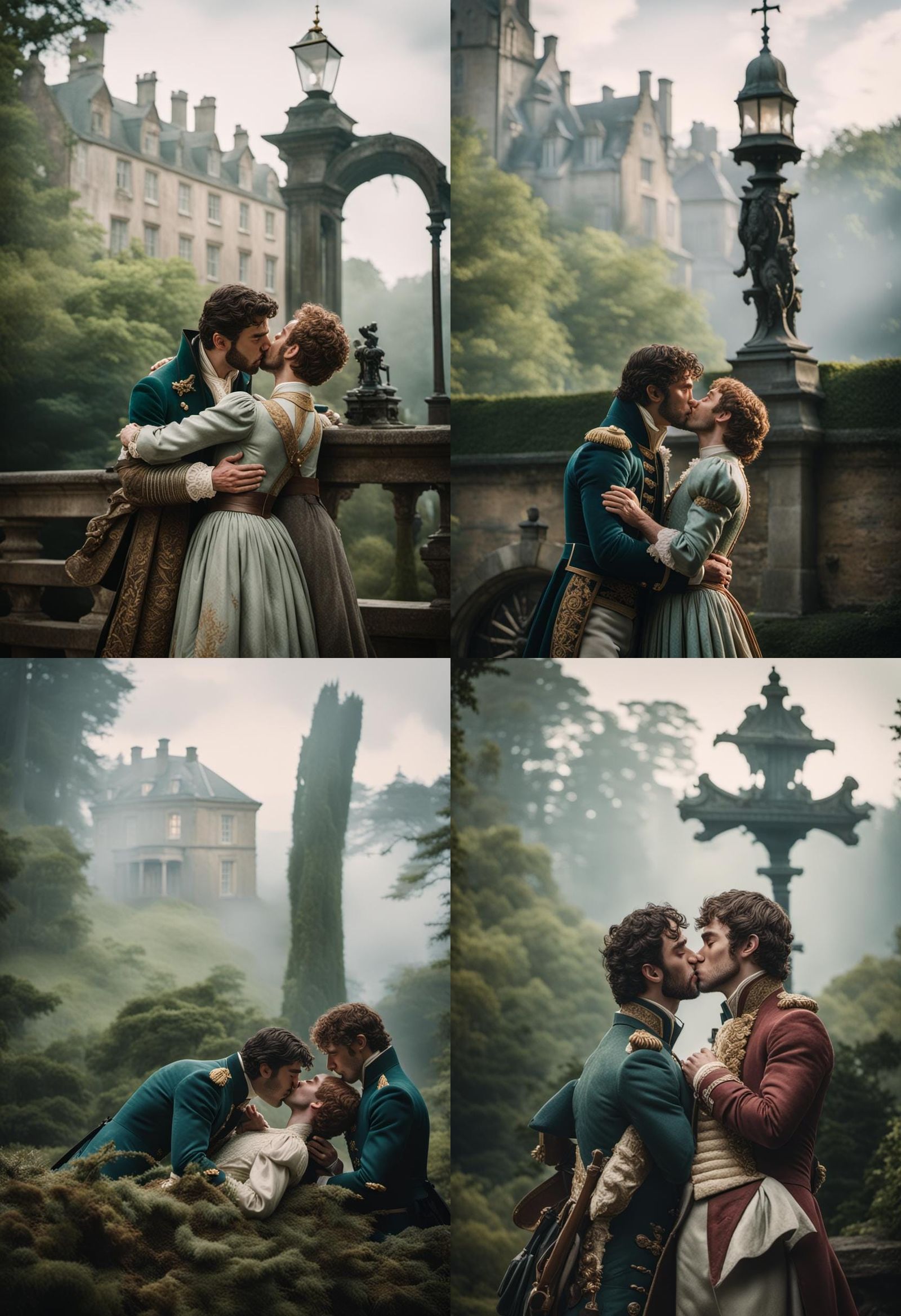 Bridgerton brothers kissing passionately Cinematic film stil...