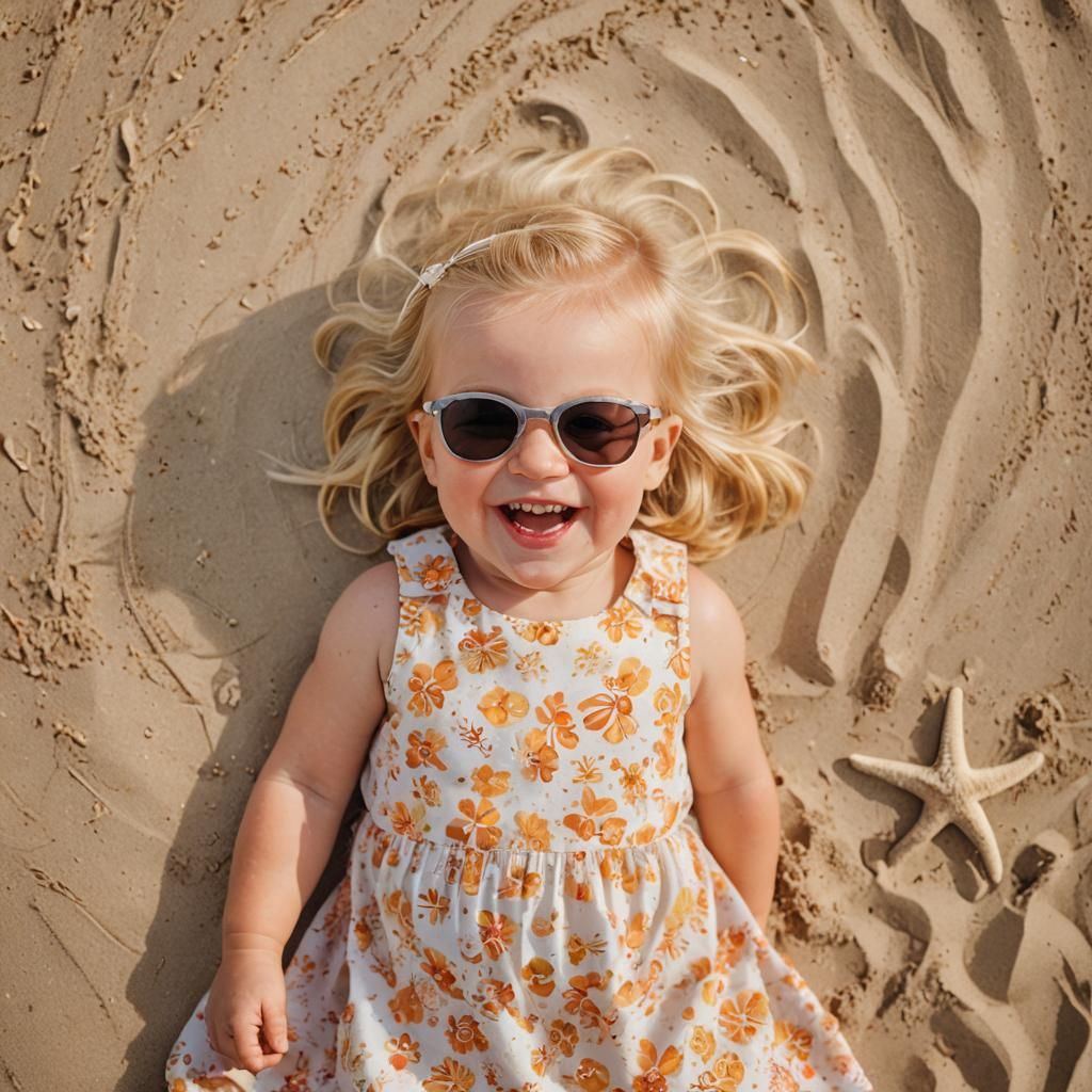 Laughing Blonde Girl on Beach in Vibrant Portrait