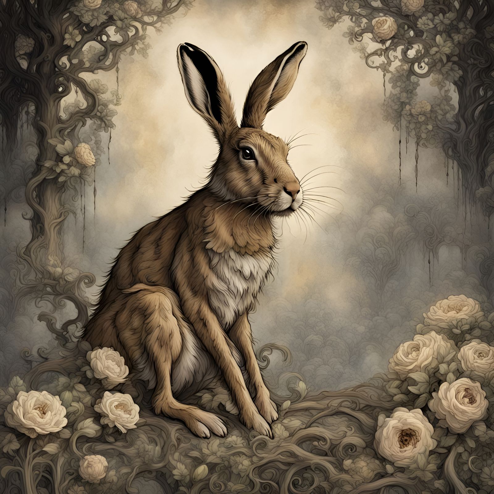 Arthur Rackham art style painting of a hare sitting on a ghostly lacey ...