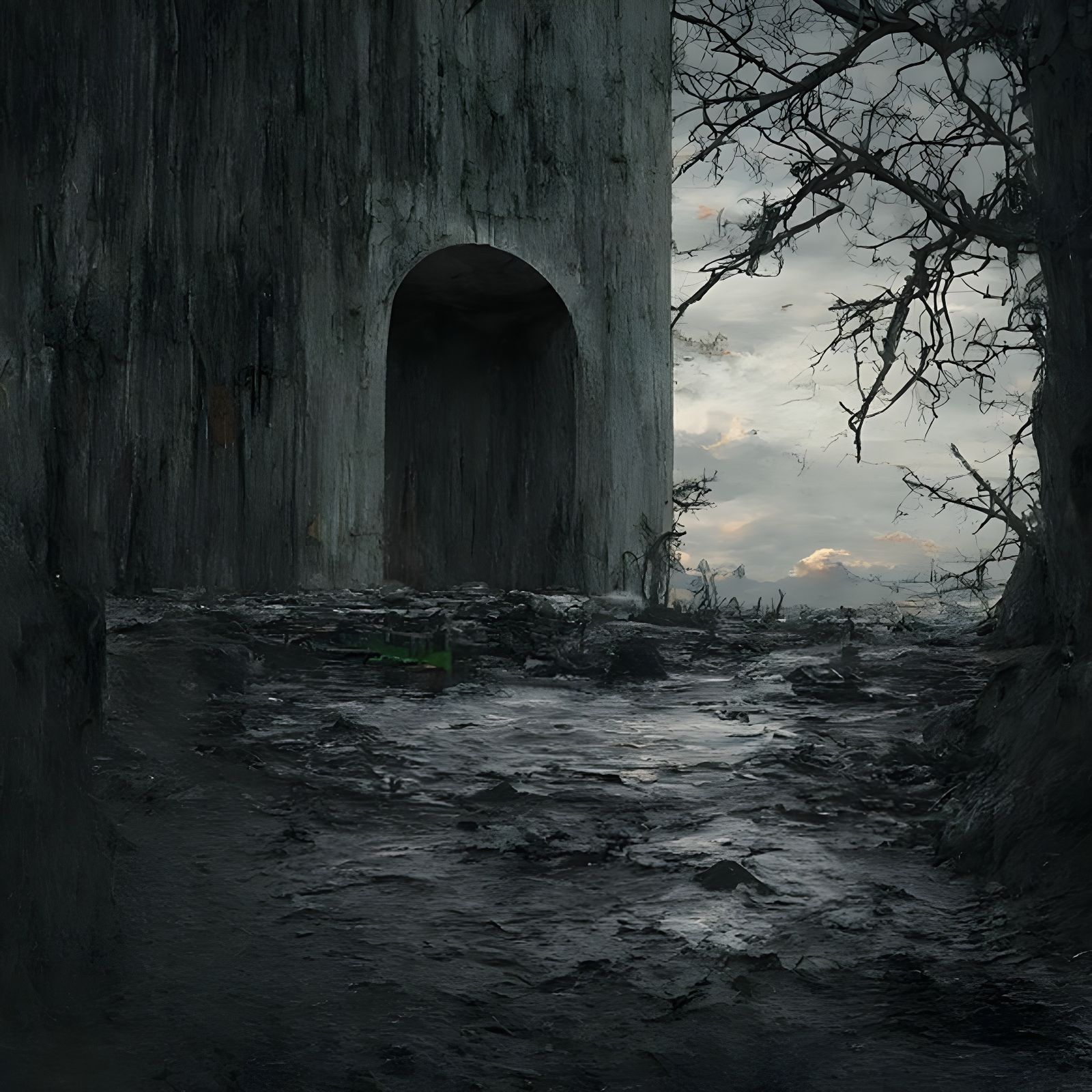 Brutalist Dark Landscape with Hyper Realistic Textures