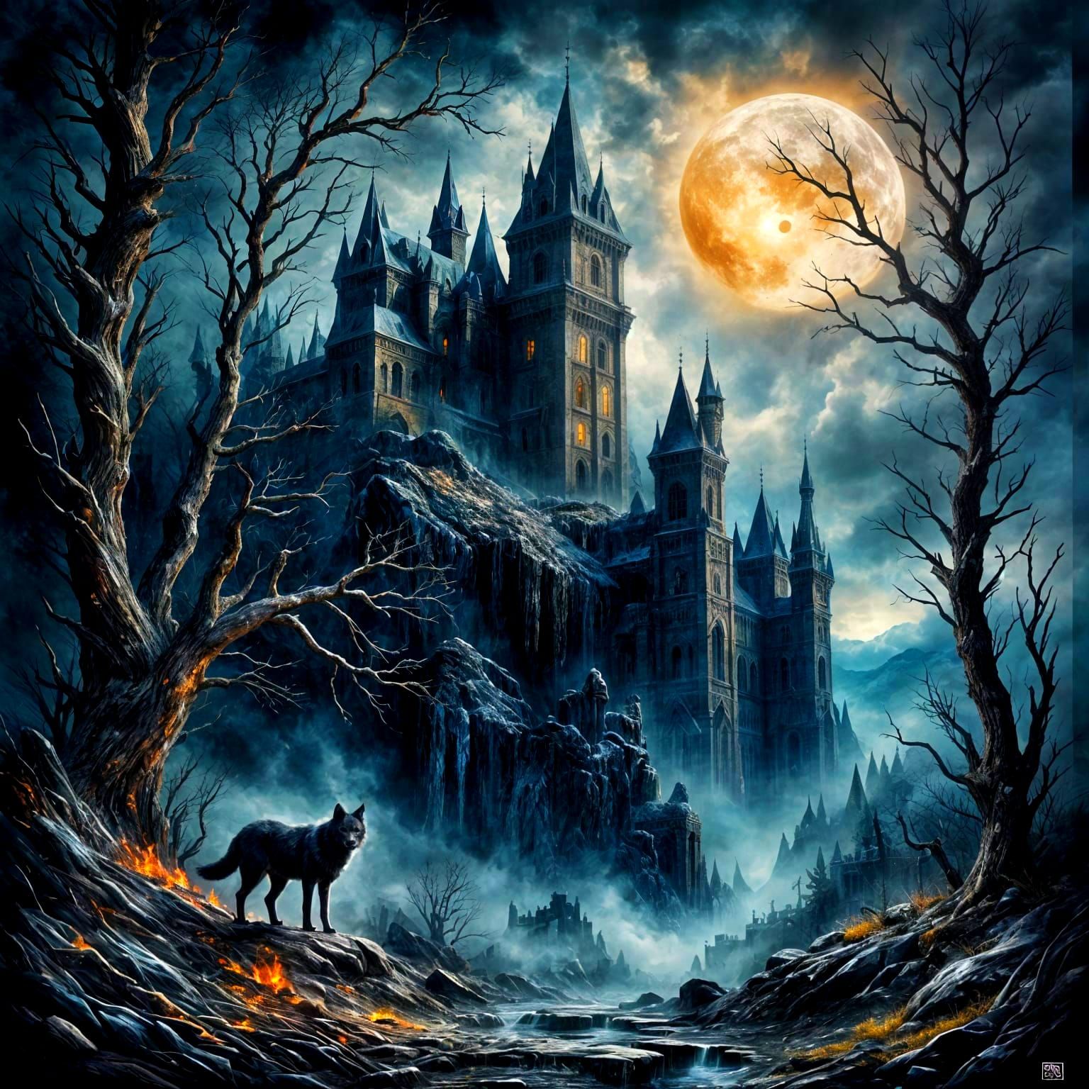 Lone Wolf Guarding Gothic Castle in Dark Fantasy