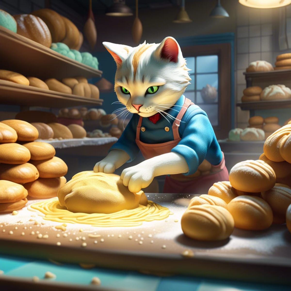 Hyperrealistic cat worker kneeding dough at a bakery shop, cute ...