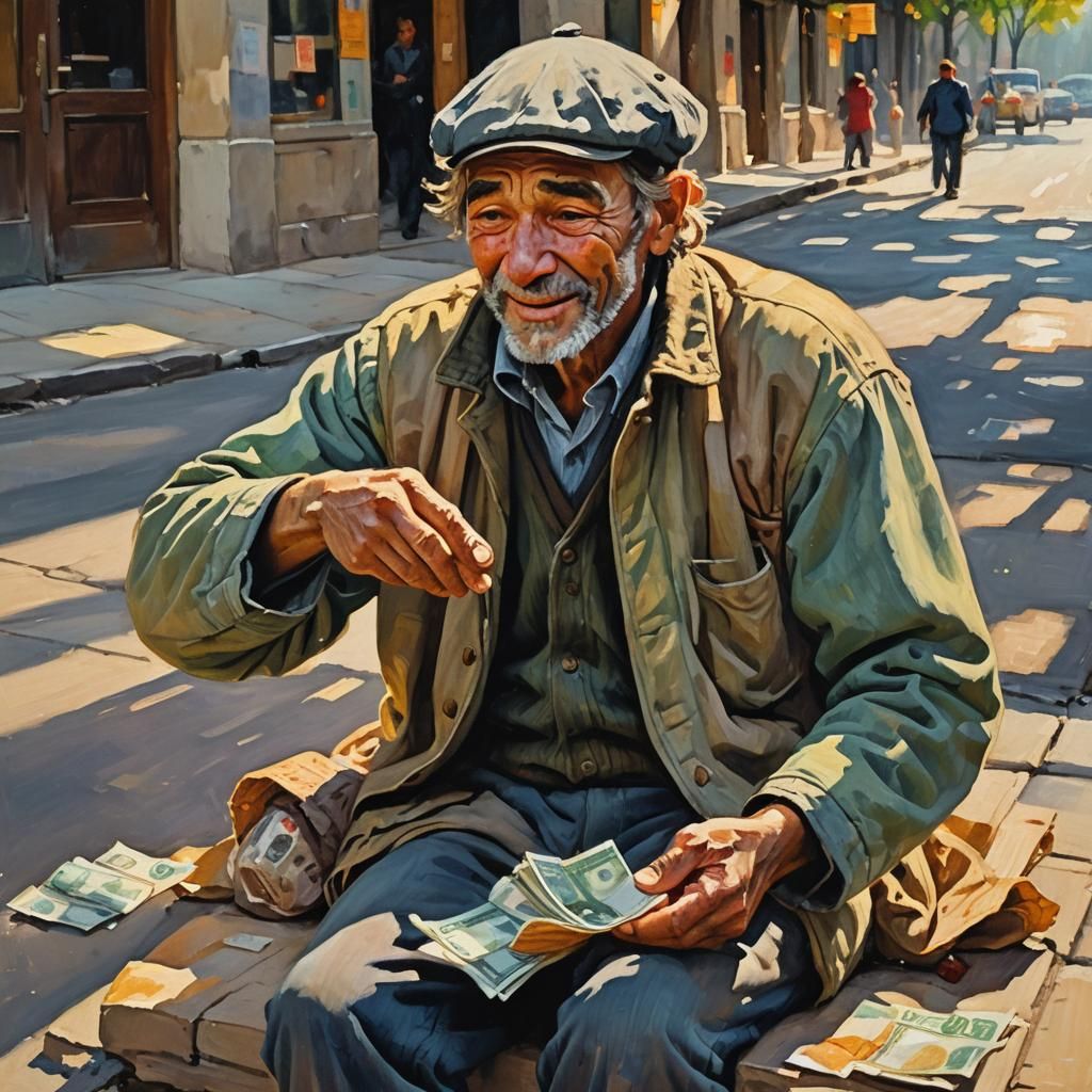 Impressionist Painting: Poor Man Receives Five Dollars