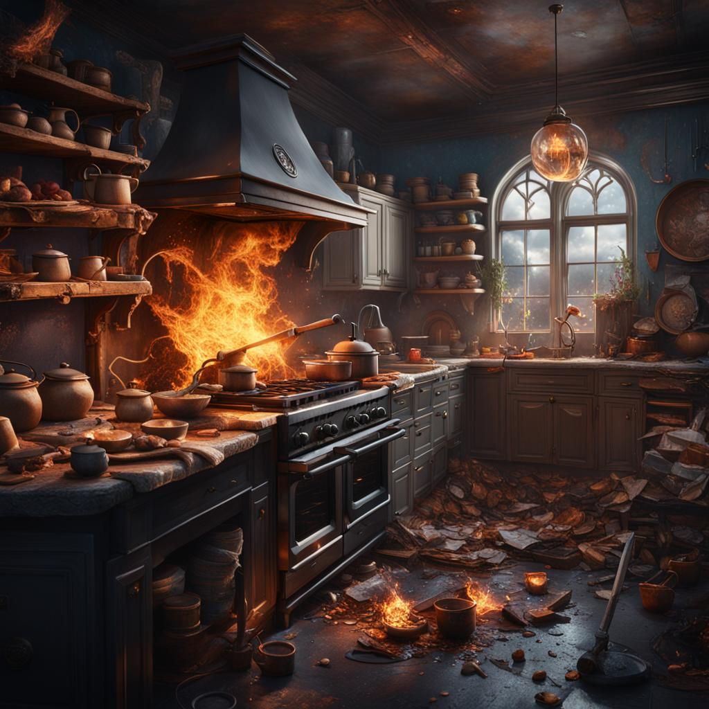 wizards destroying a kitchen