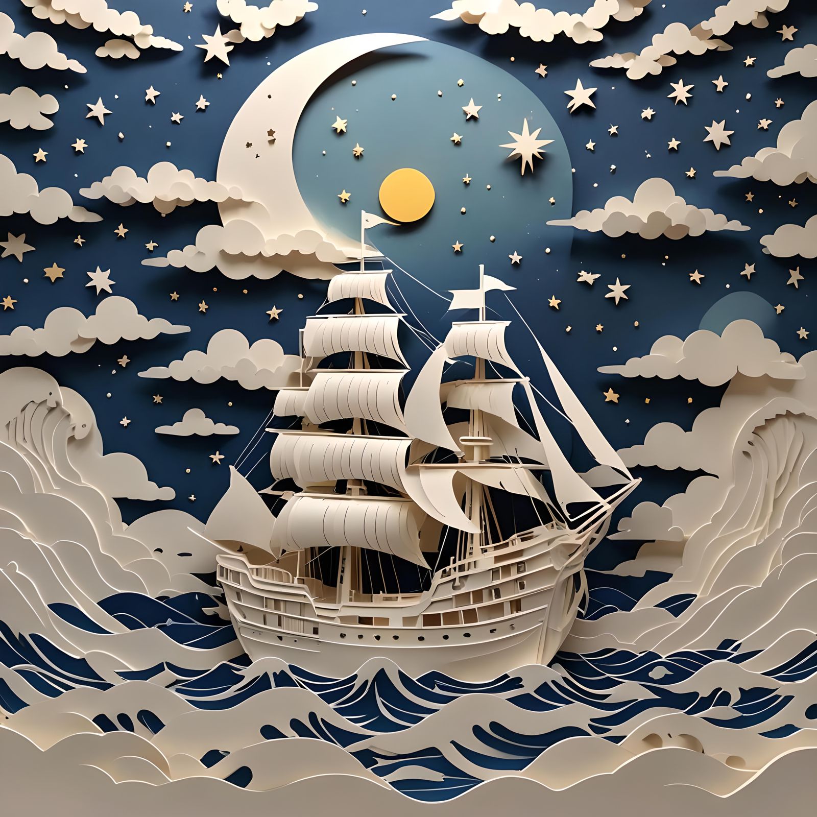 A kirigami ship on a kirigami ocean with a Starry night sky  by @Revenant_